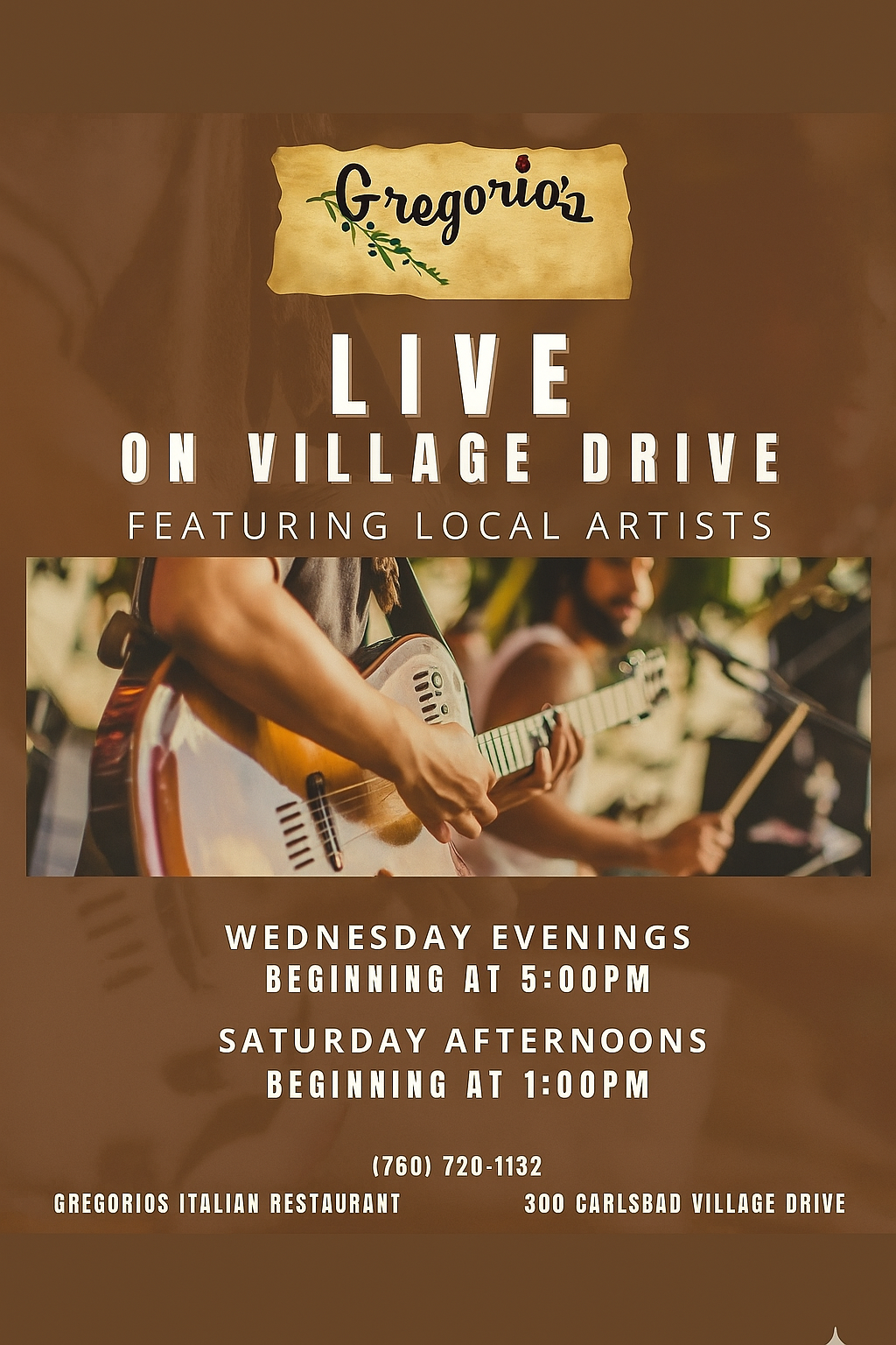 Live on Village Drive - Happy hour and Live Music flyer for Gregorio's Restaurant