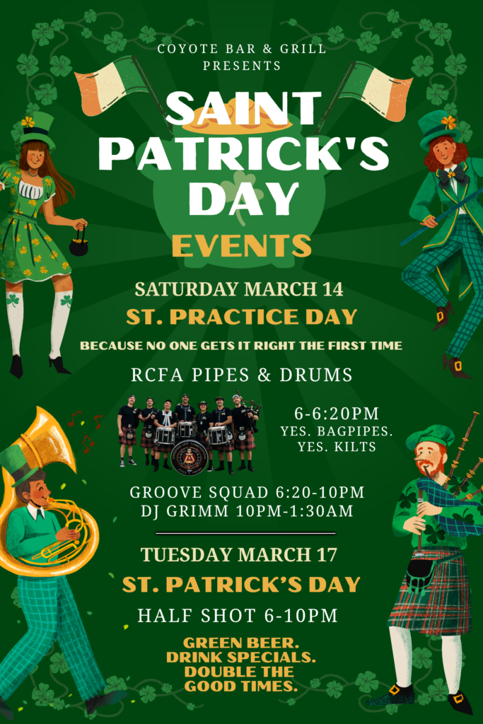 Saint Patrick's Day events flyer for The Coyote Bar & Grill, Carlsbad, CA
