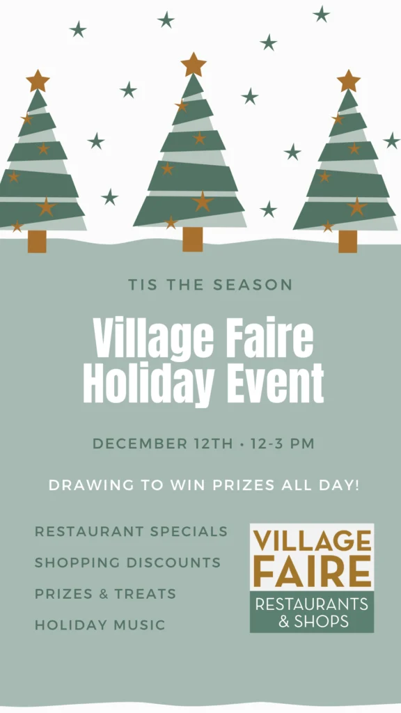 Village Faire Holiday Event graphic, Dec 12, 12-3 PM