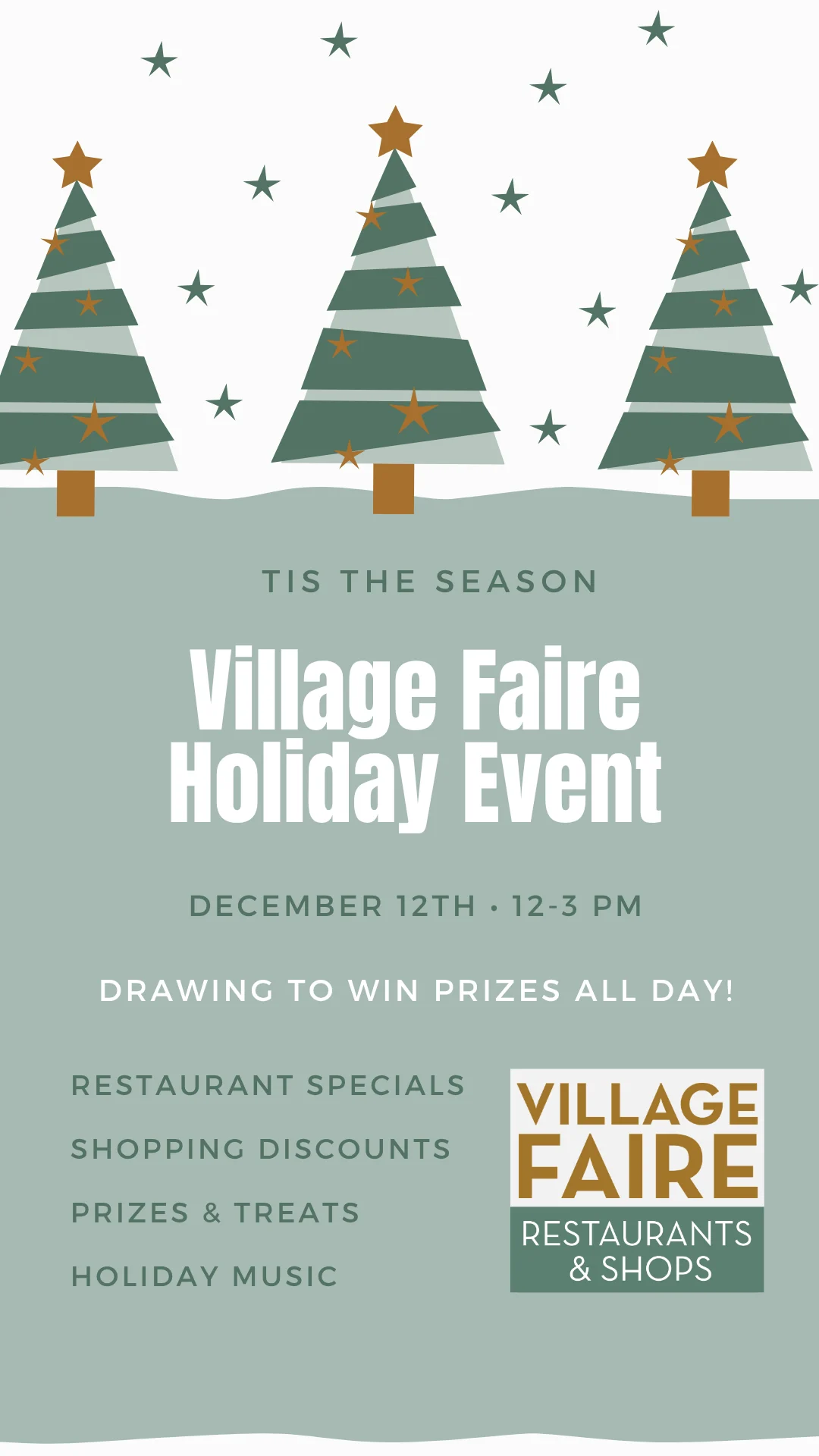 Village Faire Holiday Event graphic, Dec 12, 12-3 PM