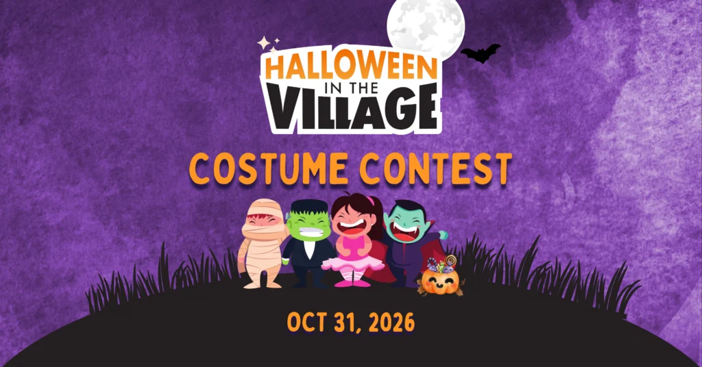 Halloween in the Village Costume Contest graphic with costumed kids, Oct 31, 2026